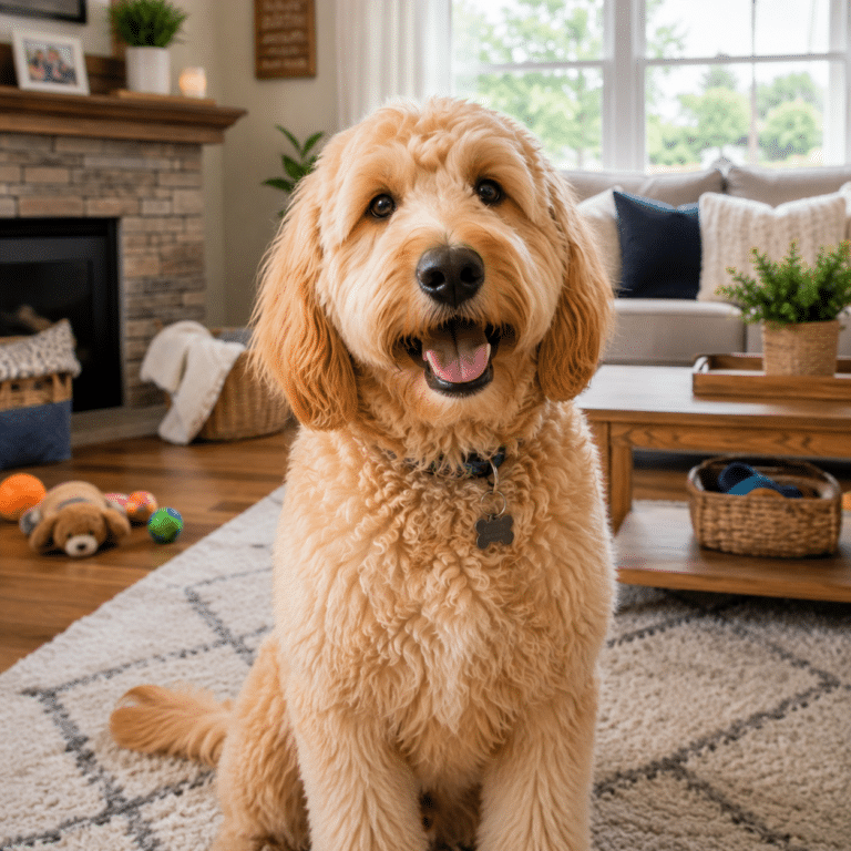 a golden doodle with a big smile on their face in a family friendly setting