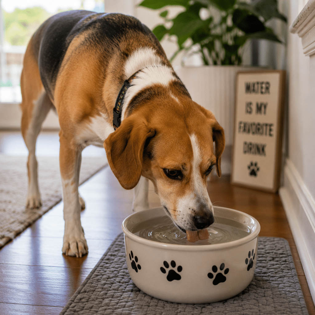 dog drinking from their water bowl
