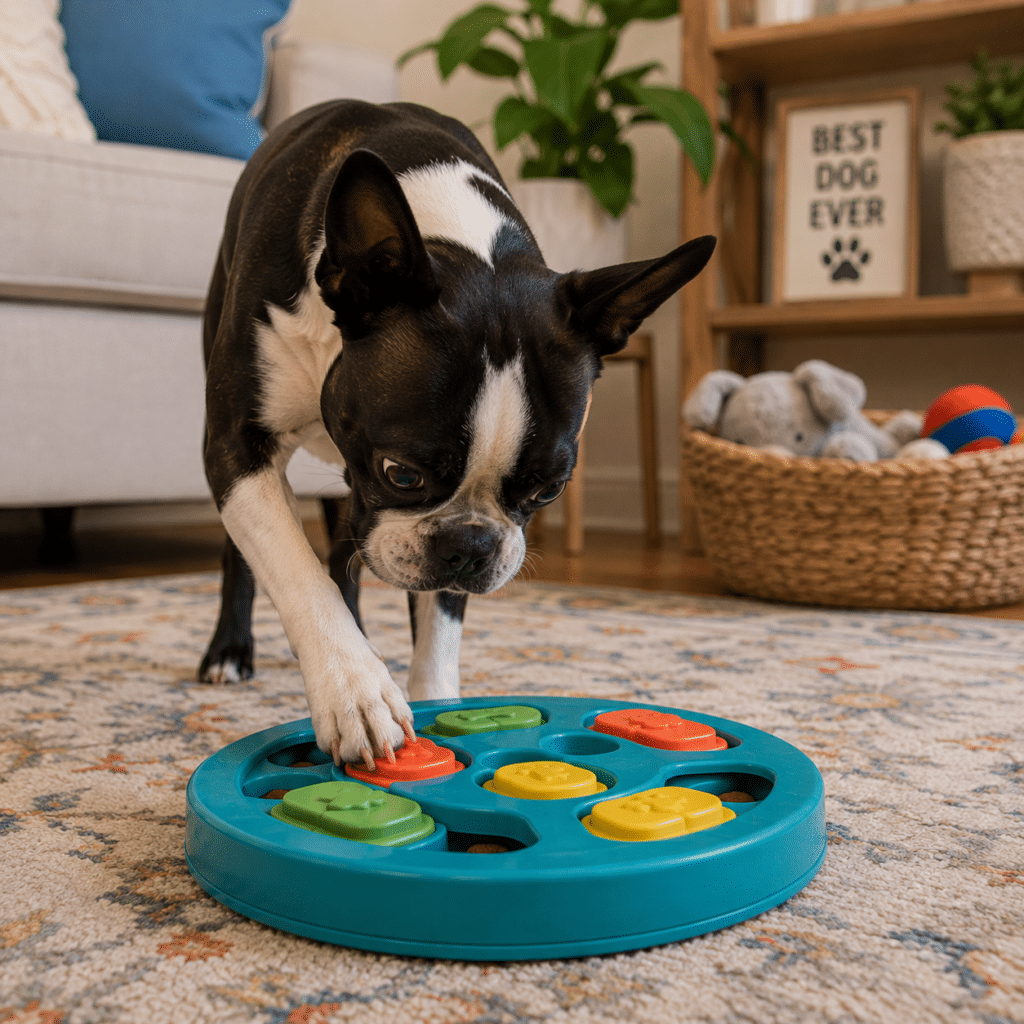 dog trying to solve a food puzzle game