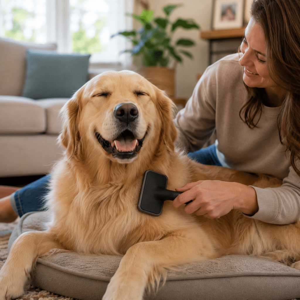 a dog getting brushed