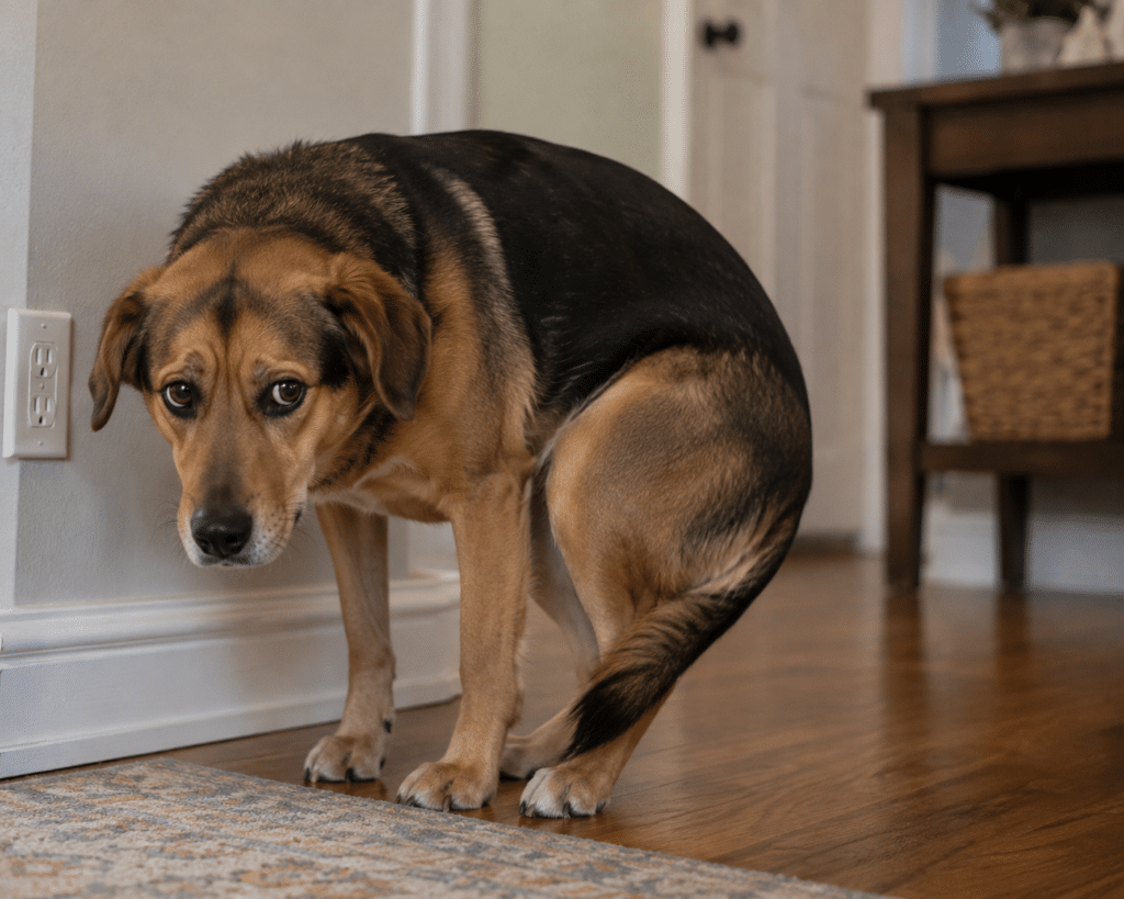 dog with sad face and tail tucked