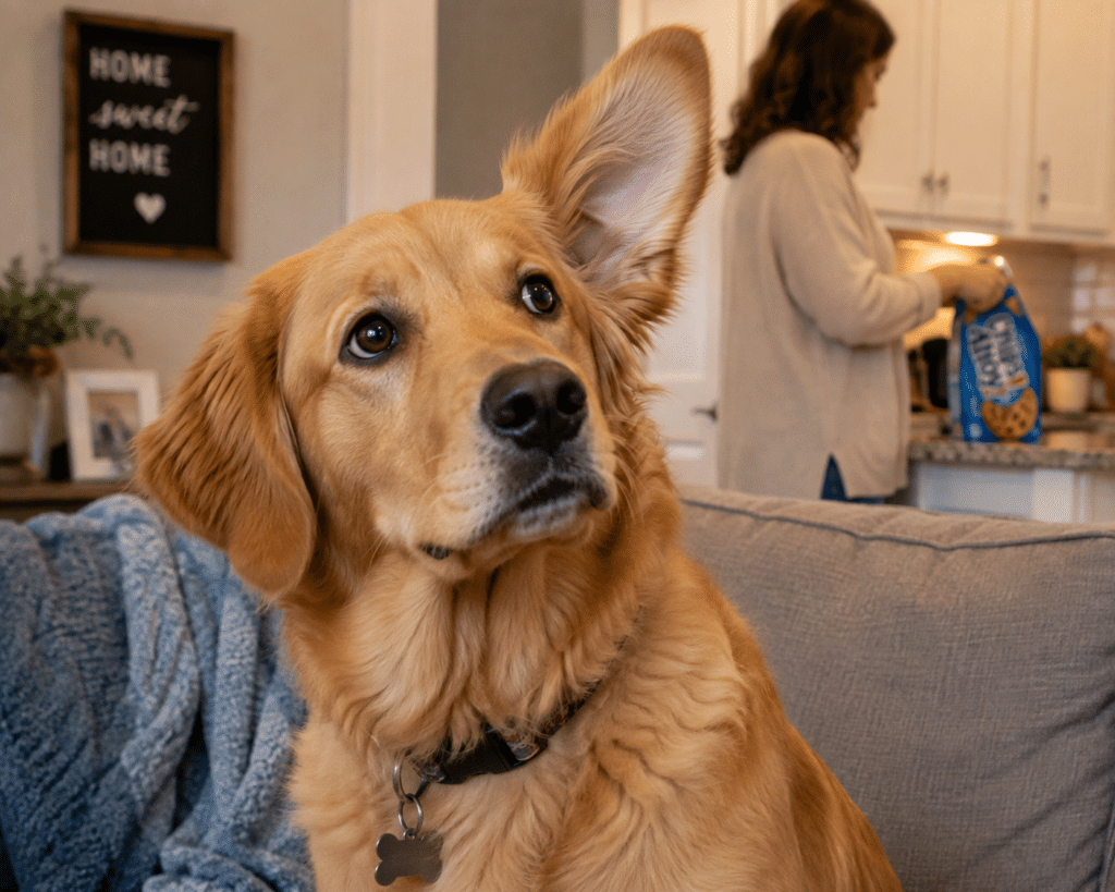 image of a dog with ear uplifted as it hears Mom opening up a package of cookies