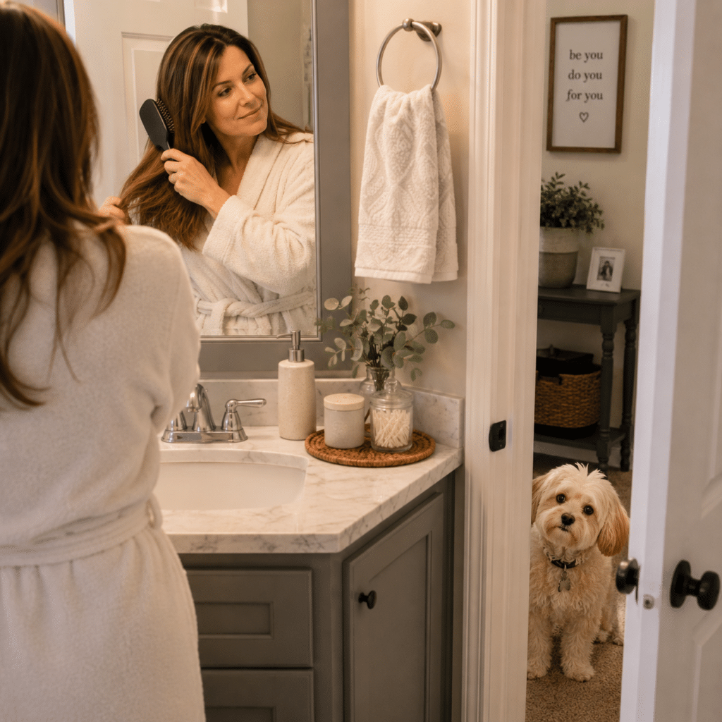 image of a woman brushing her hair in the bathroom with a small dog looking in at her