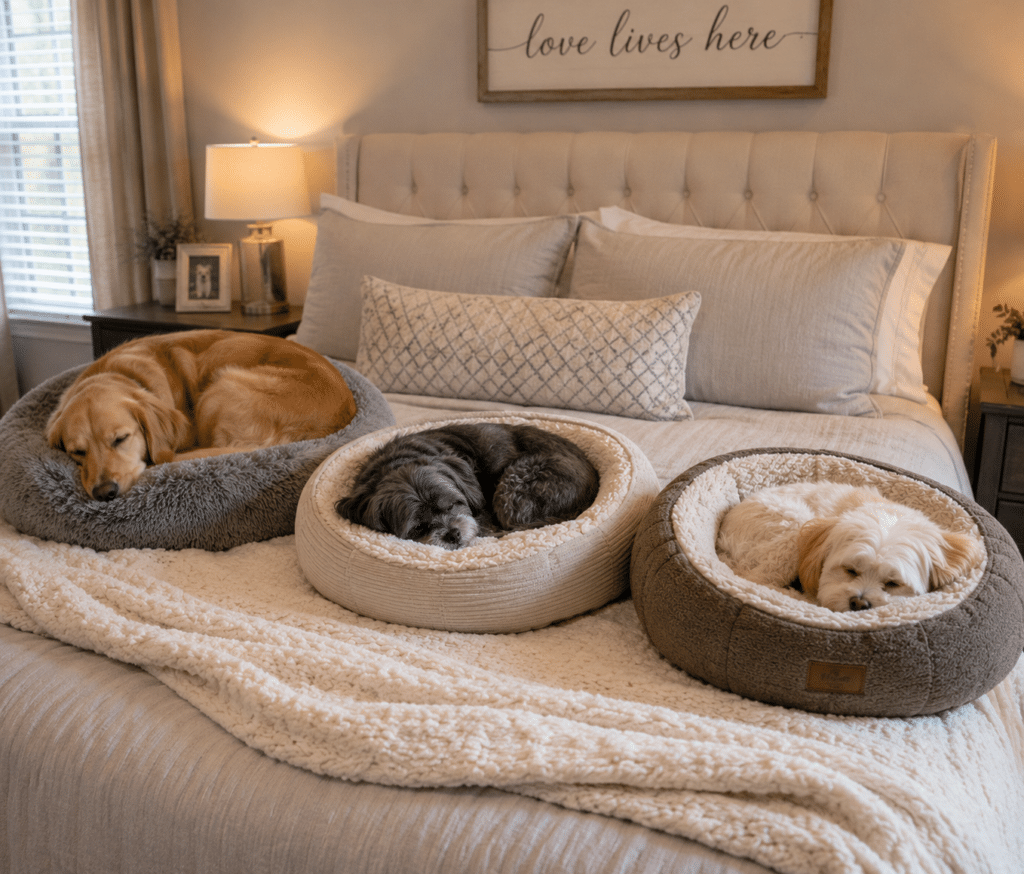 dog beds on the bed with dogs sleeping in them