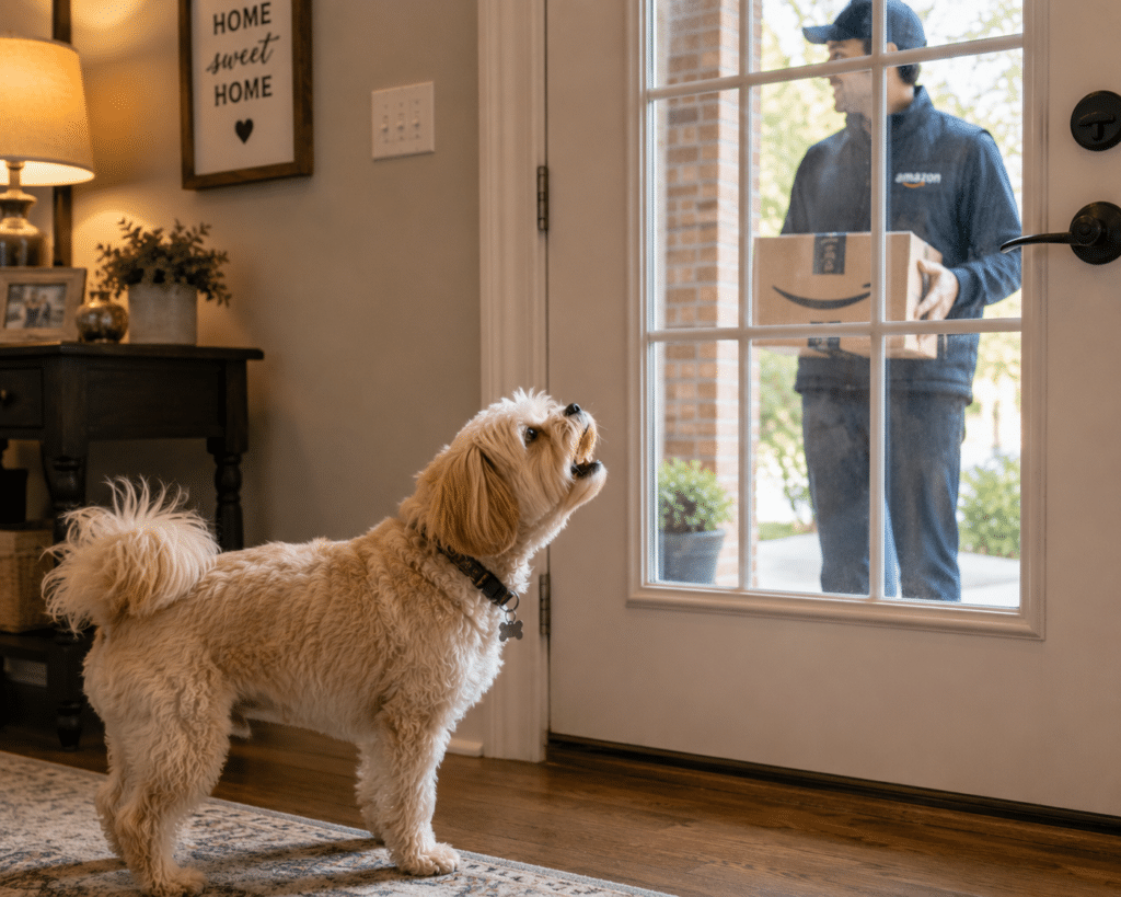 a small dog barking because amazon is at the front door