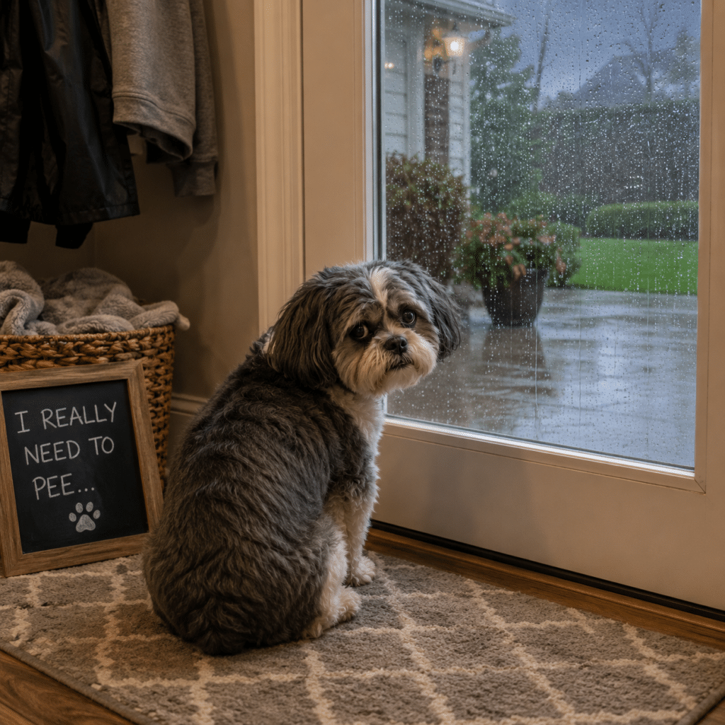 a dog is sad because it wants to pee but it's raining outside