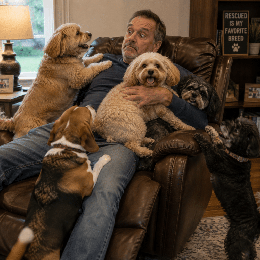 Dad trying to sit in his lazy boy with dogs trying to jump up and a dog on his lap and one squeezed beside him