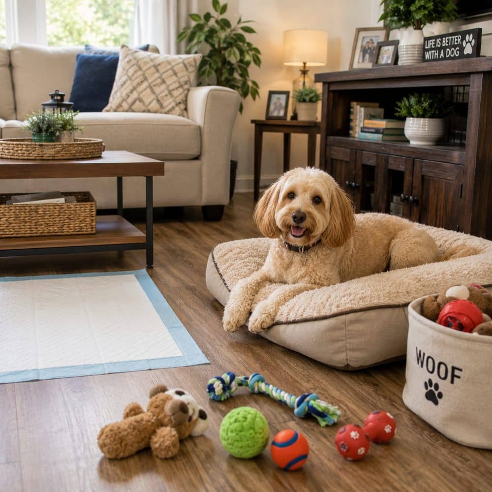 dog and toys on floor
