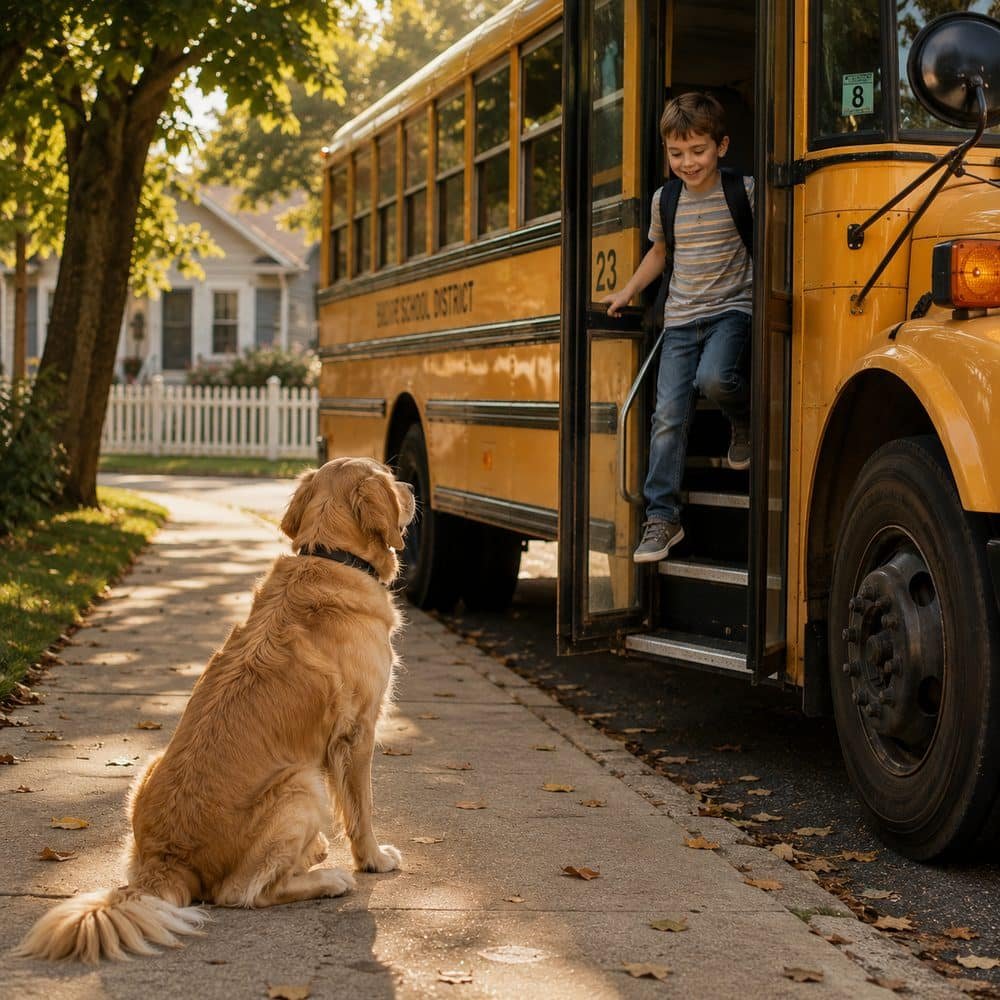 a dog waiting for the school bus to drop off his boy who appears on the bus steps ready to get off