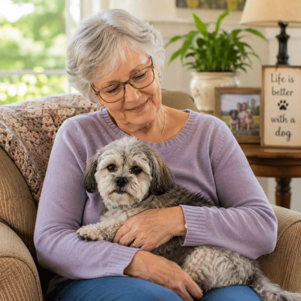 image of a senior woman with a small older dog on her lap
