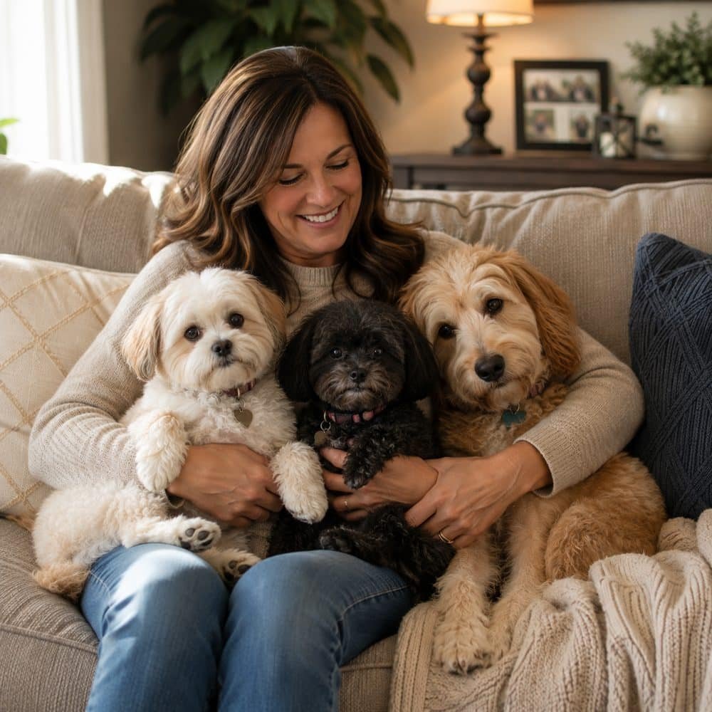 mom and three dog