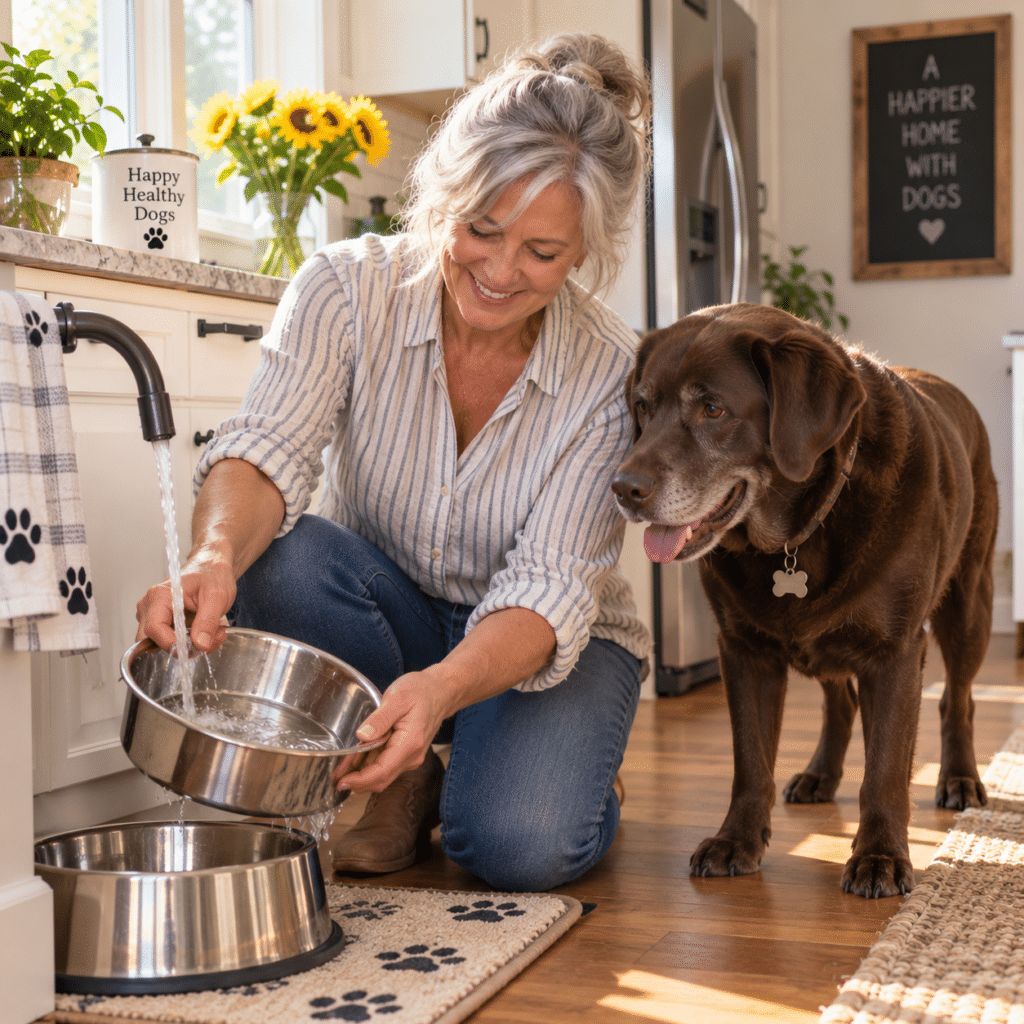 An older woman in a sunny kitchen rinsing and refilling the water bowl while a large chocolate Labrador waits nearby.