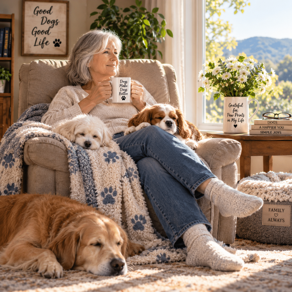 older woman relaxing in a comfortable chair near a sunny window with two or three dogs resting around her.