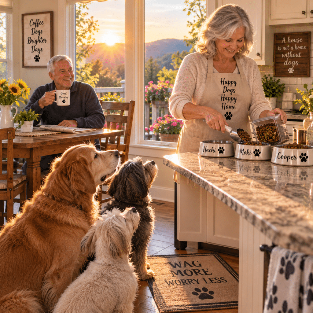 mom filling up dog bowls on the counter while dad is having a cup of coffee with the sun just coming up