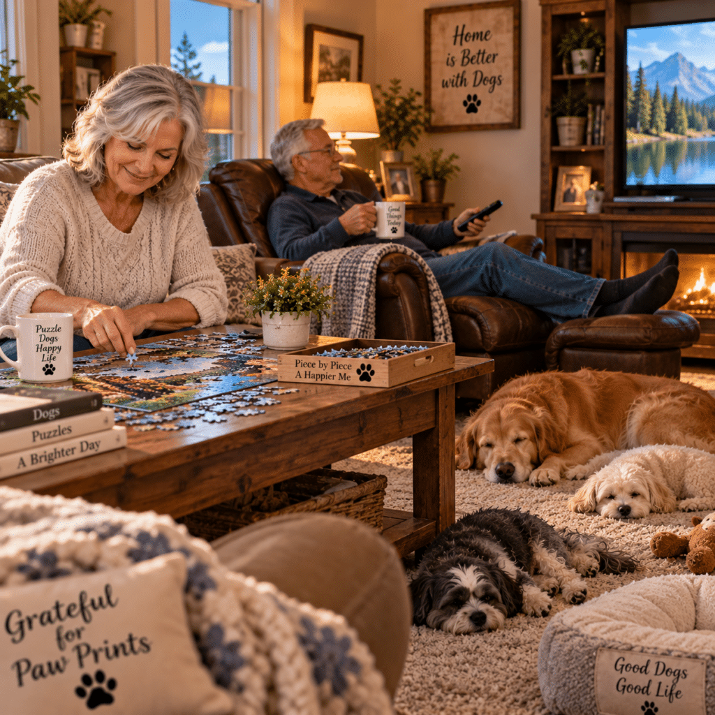 mom working on a jigsaw puzzle while dad watches tv and dogs snoozing on the carpet