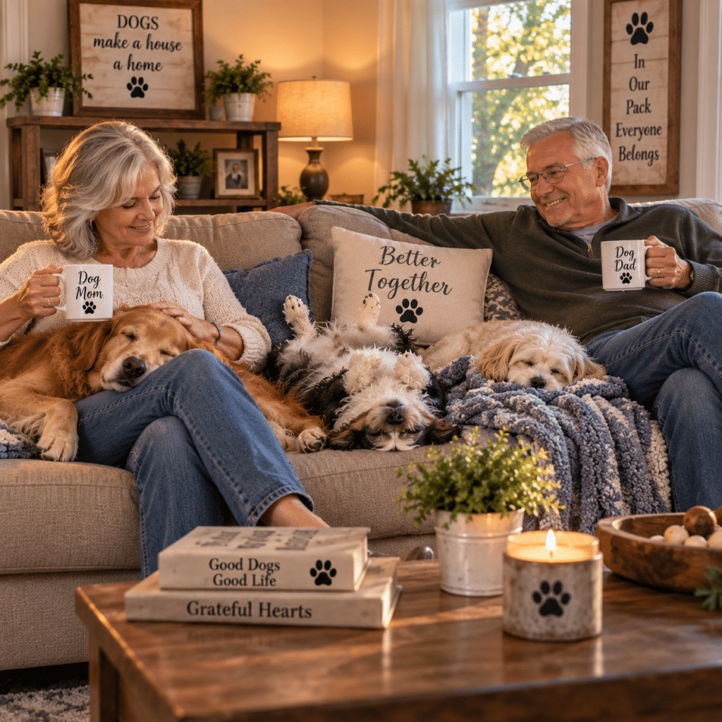 mom and dad sitting on opposite sides of the couch with the dogs in between.