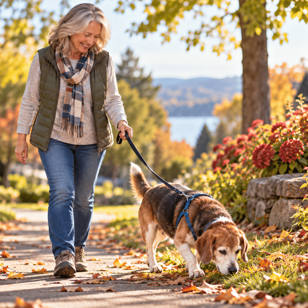 Senior Beagle enjoying a leisurely sniffing walk with his owner on an autumn day.