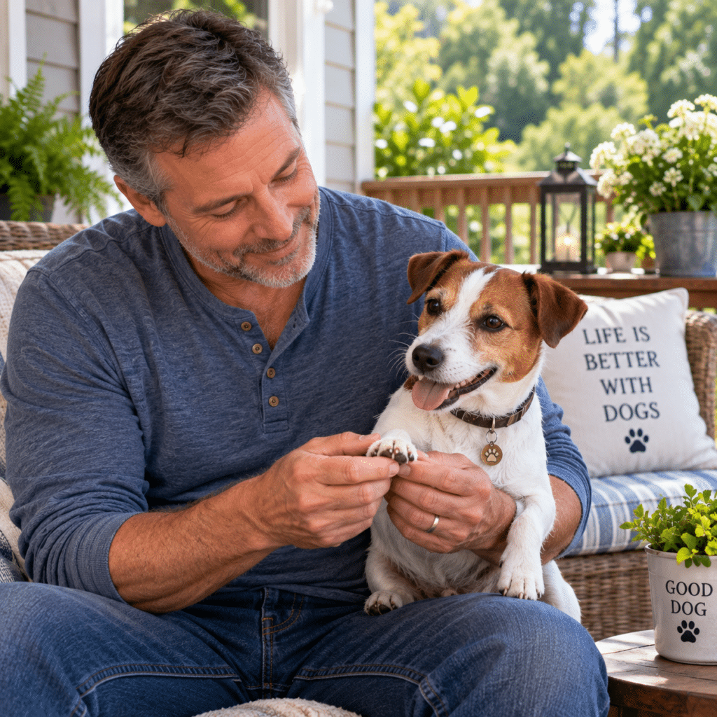 A man in his 50s sitting on the back porch with a small Jack Russell Terrier, gently holding one paw