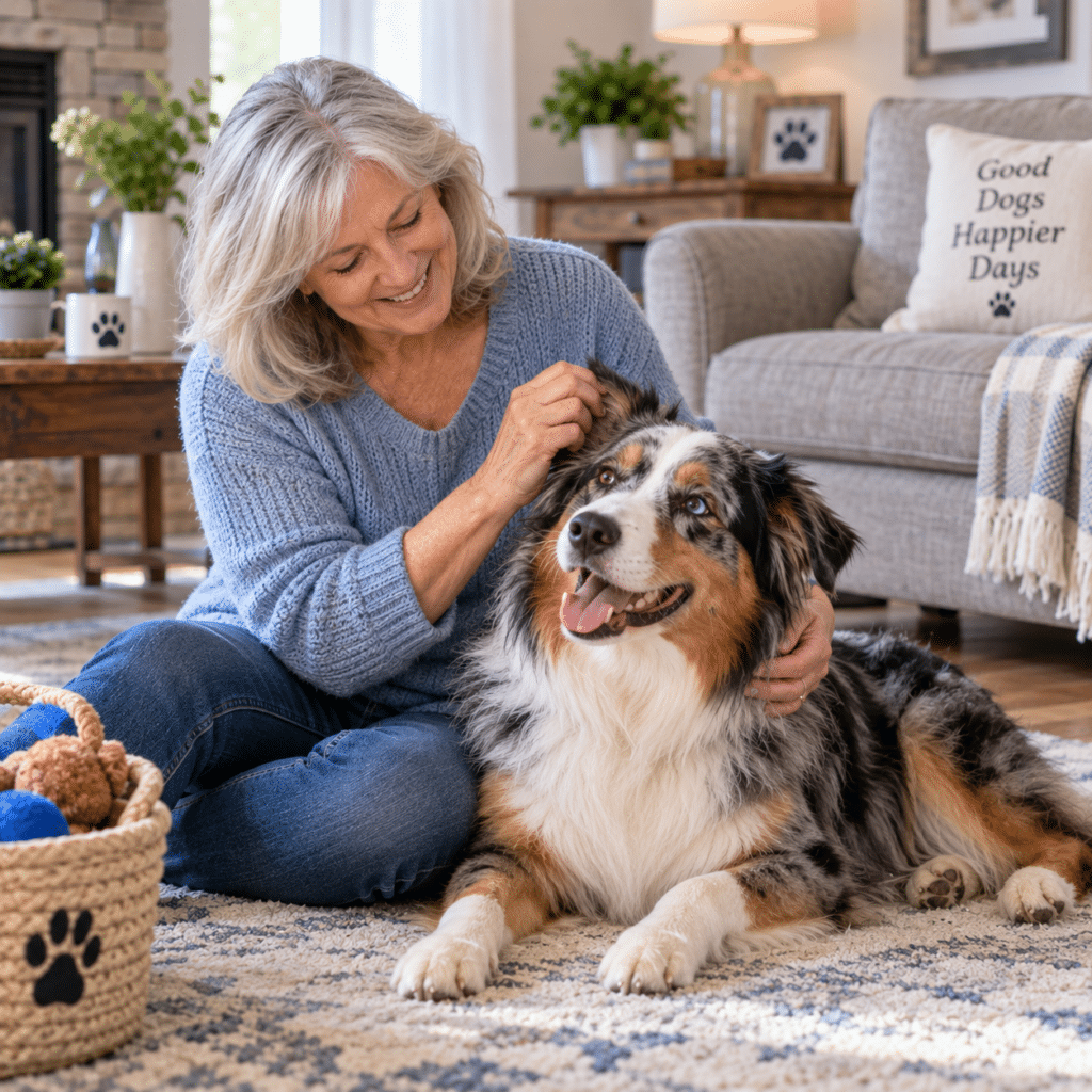 A woman in her 60s sitting comfortably on the floor with a medium-sized Australian Shepherd, gently running her hands over the dog’s coat