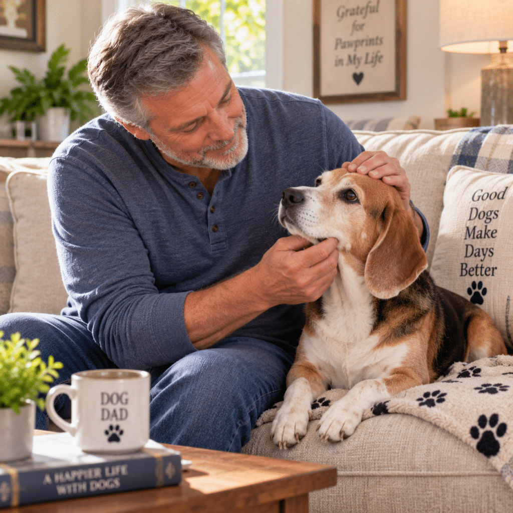 An older man sitting on the edge of his couch with a senior Beagle beside him, giving the dog a quick once-over while petting him