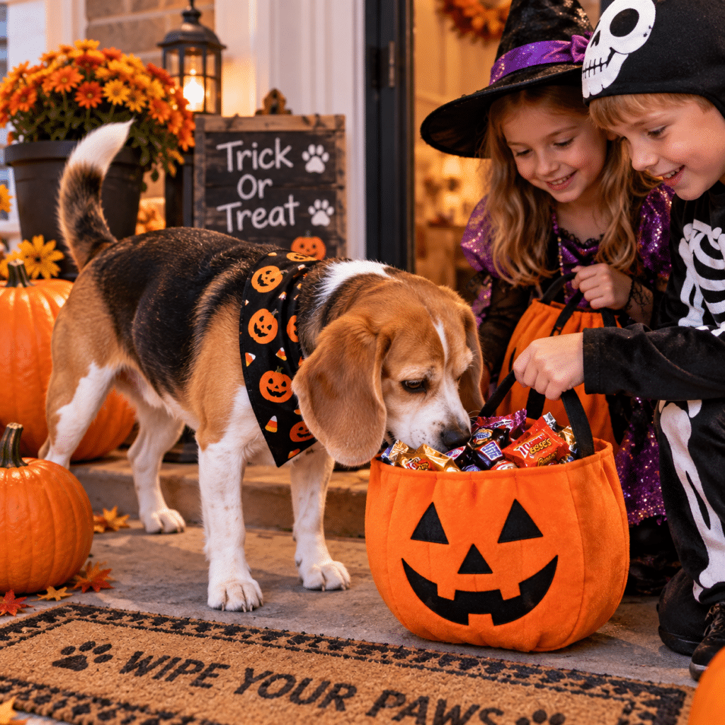 The Beagle Who Is Investigating the Trick-or-Treat Bags