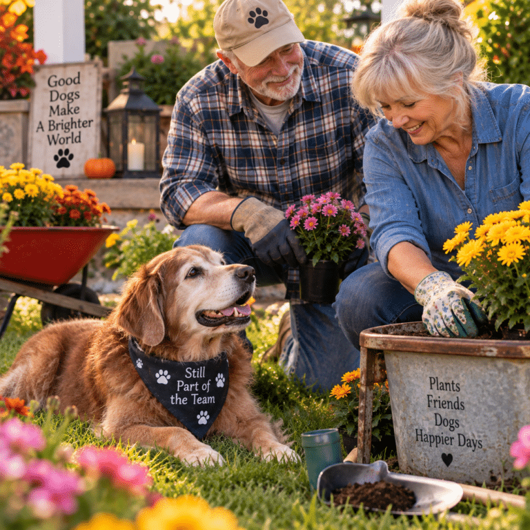 an older couple outside doing something around the yard while their gray-muzzled senior dog relaxes comfortably nearby watching them.