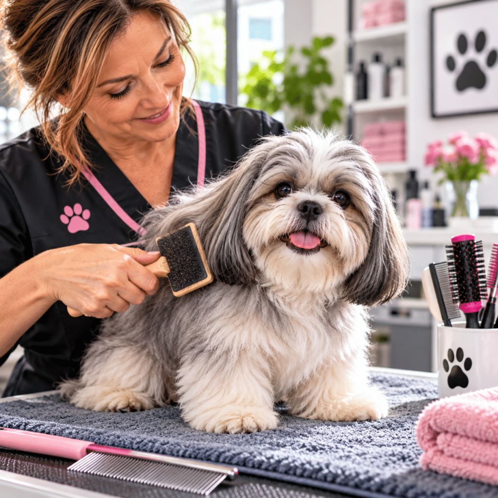 That Beautiful Coat Needs Regular Attention A silver-gray Shih Tzu being gently brushed by a female groomer in her 40s at a bright professional grooming salon. Neatly arranged brushes and combs. No accessories 